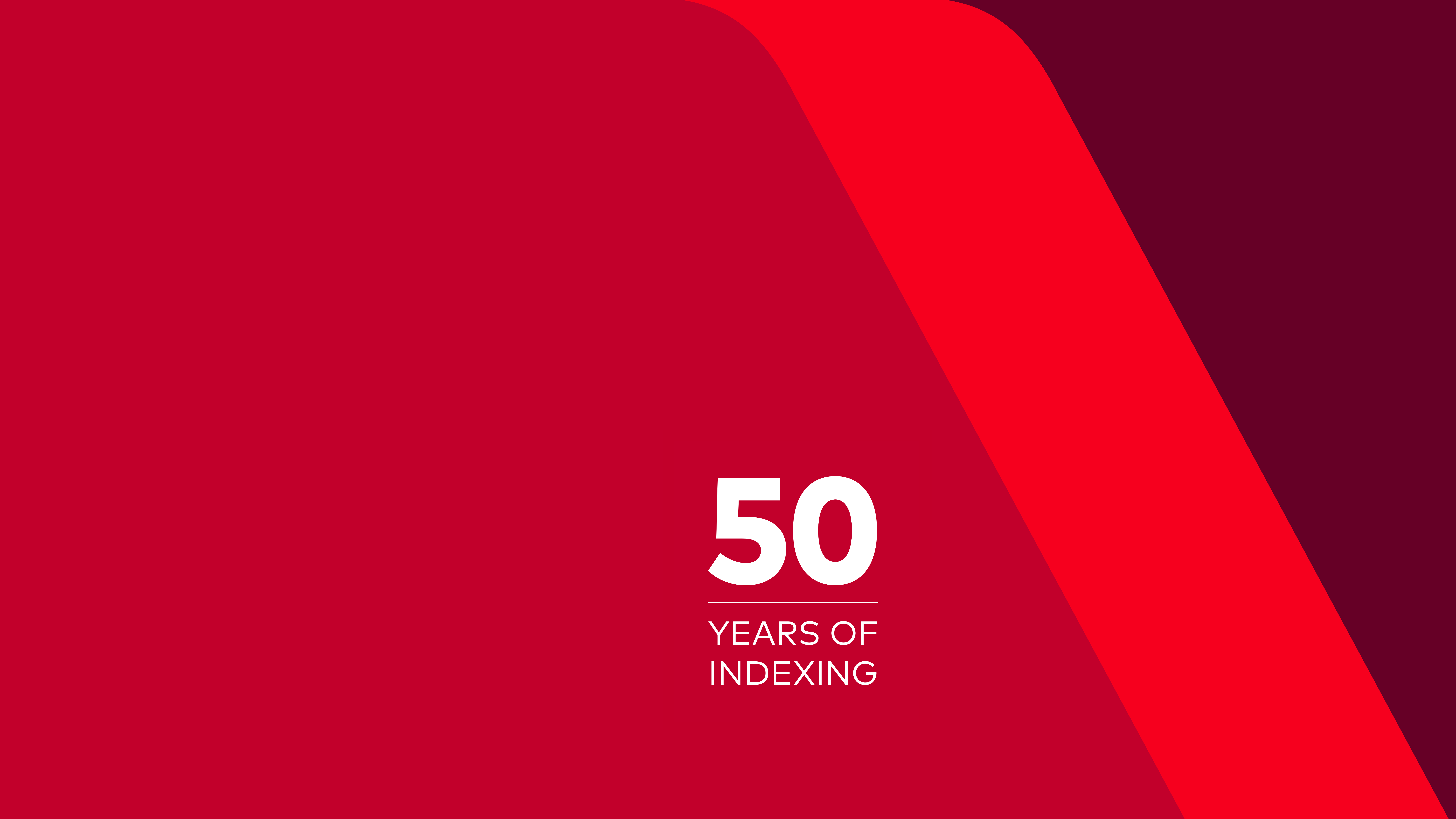 Red commemorative banner featuring a large white “50” and the text “Years of Indexing,” with a bold diagonal red accent on the right side.