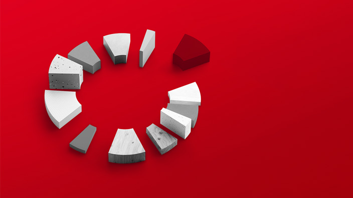 triangular white and gray shapes with red shape pulling away from circle